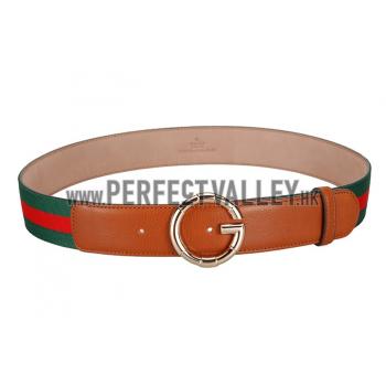 Cheap Gucci Web Brown Leather Belt with Golden Rimmed Buckle