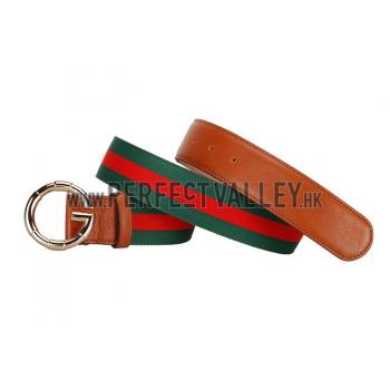 Cheap Gucci Web Brown Leather Belt with Golden Rimmed Buckle