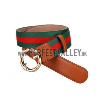 Cheap Gucci Web Brown Leather Belt with Golden Rimmed Buckle