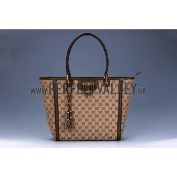 Gucci Large Logo Printed Canvas Brown Leather Trim Shopper Tote