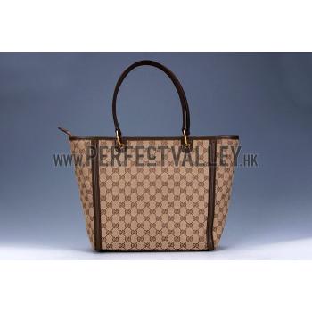 Gucci Large Logo Printed Canvas Brown Leather Trim Shopper Tote