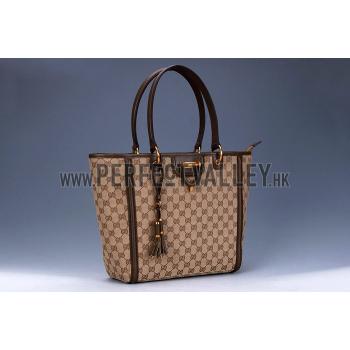 Gucci Large Logo Printed Canvas Brown Leather Trim Shopper Tote