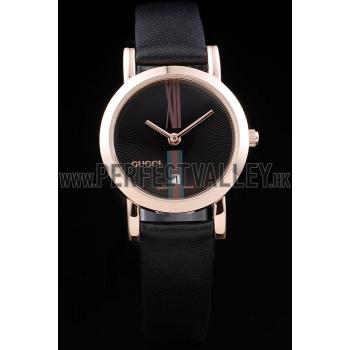 Gucci Polished Rose Gold Bezel Black Dial Black Leather Strap