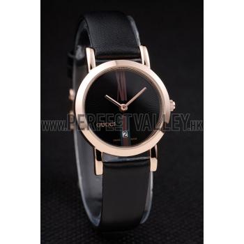 Gucci Polished Rose Gold Bezel Black Dial Black Leather Strap