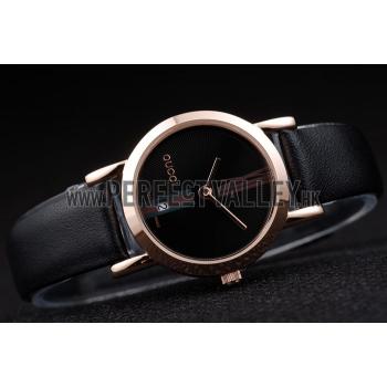 Gucci Polished Rose Gold Bezel Black Dial Black Leather Strap