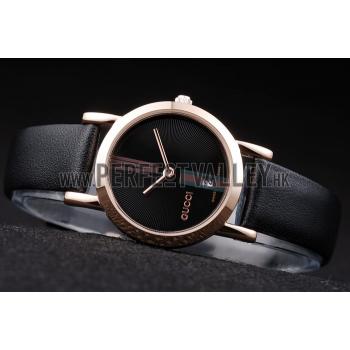 Gucci Polished Rose Gold Bezel Black Dial Black Leather Strap