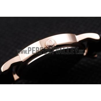 Gucci Polished Rose Gold Bezel Black Dial Black Leather Strap