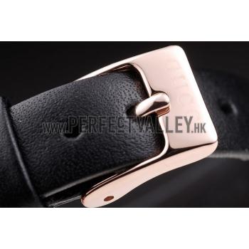 Gucci Polished Rose Gold Bezel Black Dial Black Leather Strap