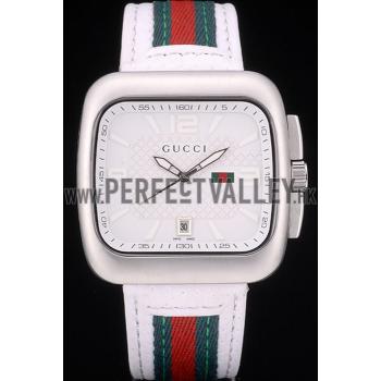 Gucci White Leather Strap Polished Stainless Steel Bezel White Dial 80218