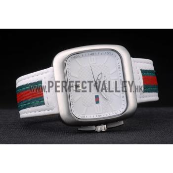 Gucci White Leather Strap Polished Stainless Steel Bezel White Dial 80218