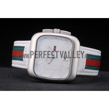 Gucci White Leather Strap Polished Stainless Steel Bezel White Dial 80218