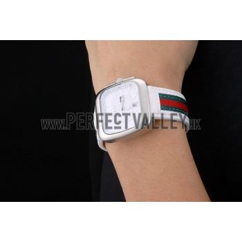 Gucci White Leather Strap Polished Stainless Steel Bezel White Dial 80218