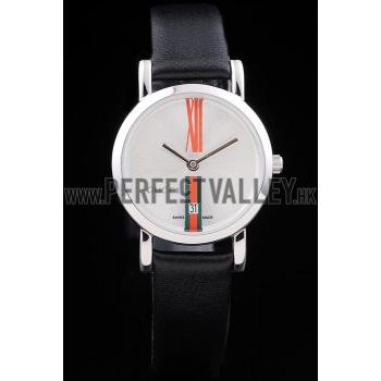 Gucci Small Polished Stainless Steel Bezel White Dial Black Leather Strap