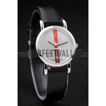 Gucci Small Polished Stainless Steel Bezel White Dial Black Leather Strap