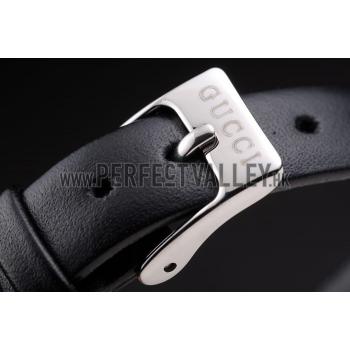 Gucci Small Polished Stainless Steel Bezel White Dial Black Leather Strap