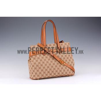 Gucci Bright Bit GG Canvas Cognac Leather Trim  Handle Tote