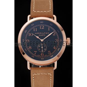 Hamilton Navy Pioneer Small Second Black Dial Rose Gold Case Light Brown Leather Strap