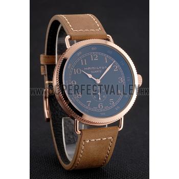 Hamilton Navy Pioneer Small Second Black Dial Rose Gold Case Light Brown Leather Strap