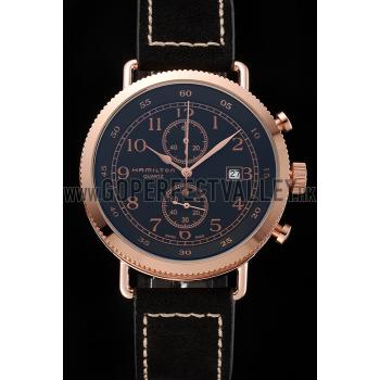 Cheap Hamilton Navy Pioneer Chrono Black Dial Rose Gold Case Black Leather Strap