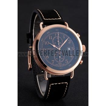 Cheap Hamilton Navy Pioneer Chrono Black Dial Rose Gold Case Black Leather Strap