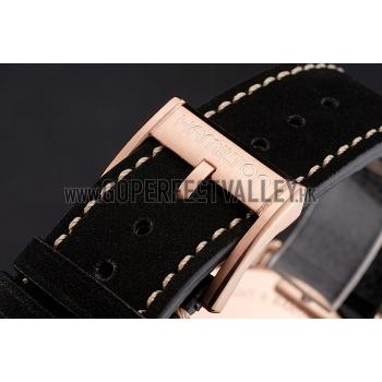 Cheap Hamilton Navy Pioneer Chrono Black Dial Rose Gold Case Black Leather Strap