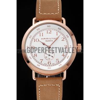 Hamilton Navy Pioneer Small Second White Dial Rose Gold Case Light Brown Leather Strap