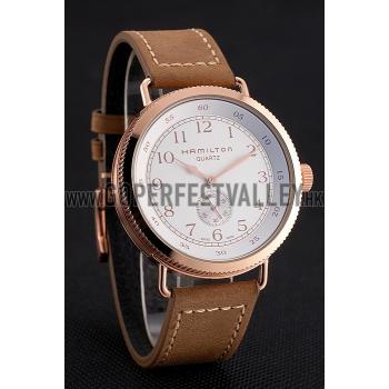 Hamilton Navy Pioneer Small Second White Dial Rose Gold Case Light Brown Leather Strap