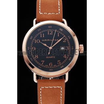 Hamilton Navy Pioneer Black Dial Rose Gold Case Brown Leather Strap