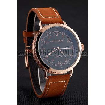 Hamilton Navy Pioneer Black Dial Rose Gold Case Brown Leather Strap