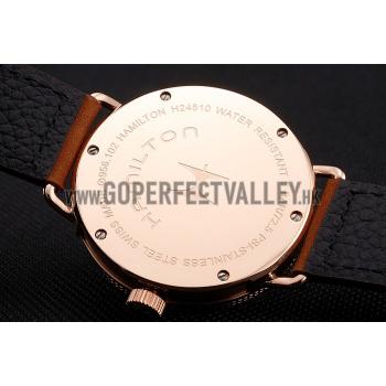 Hamilton Navy Pioneer Black Dial Rose Gold Case Brown Leather Strap