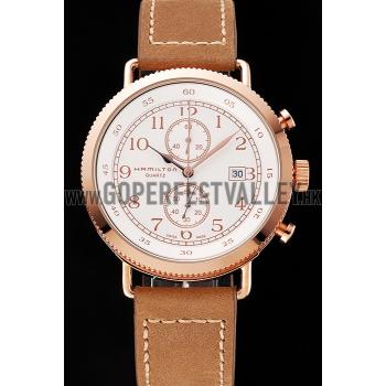 Hamilton Navy Pioneer Chrono White Dial Rose Gold Case Light Brown Leather Strap Replica