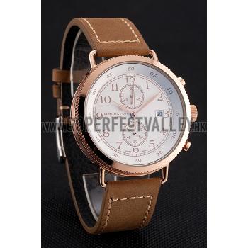 Hamilton Navy Pioneer Chrono White Dial Rose Gold Case Light Brown Leather Strap Replica