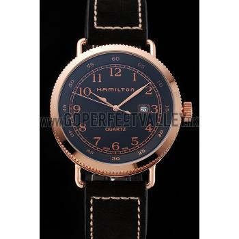 Hamilton Navy Pioneer Black Dial Rose Gold Case Black Leather Strap