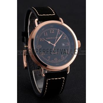 Hamilton Navy Pioneer Black Dial Rose Gold Case Black Leather Strap