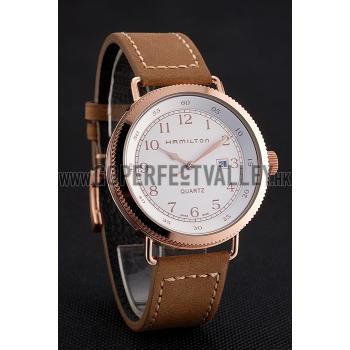 Hamilton Navy Pioneer White Dial Rose Gold Case Light Brown Leather Strap