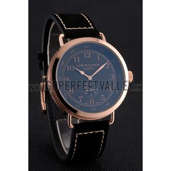 Hamilton Navy Pioneer Small Second Black Dial Rose Gold Case Black Leather Strap