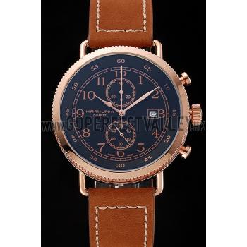 Hamilton Navy Pioneer Chrono Black Dial Rose Gold Case Brown Leather Strap Replica