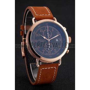 Hamilton Navy Pioneer Chrono Black Dial Rose Gold Case Brown Leather Strap Replica