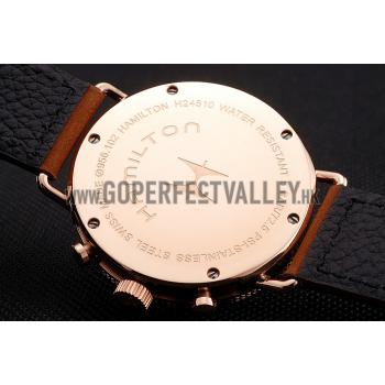 Hamilton Navy Pioneer Chrono Black Dial Rose Gold Case Brown Leather Strap Replica