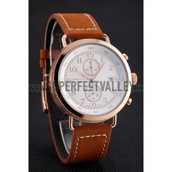 Replica Hamilton Navy Pioneer Chrono White Dial Rose Gold Case Brown Leather Strap