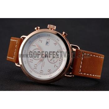 Replica Hamilton Navy Pioneer Chrono White Dial Rose Gold Case Brown Leather Strap