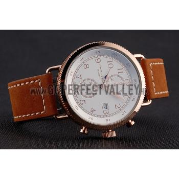 Replica Hamilton Navy Pioneer Chrono White Dial Rose Gold Case Brown Leather Strap