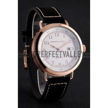 Hamilton Navy Pioneer White Dial Rose Gold Case Black Leather Strap