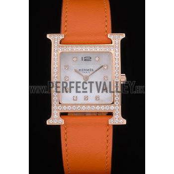 Replica Hermes Heure H Rose Gold Diamond Encrusted Bezel Orange Leather Strap White Dial 80237