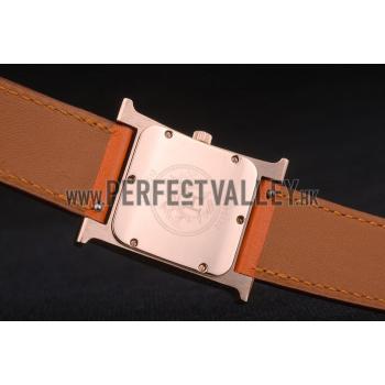 Replica Hermes Heure H Rose Gold Diamond Encrusted Bezel Orange Leather Strap White Dial 80237