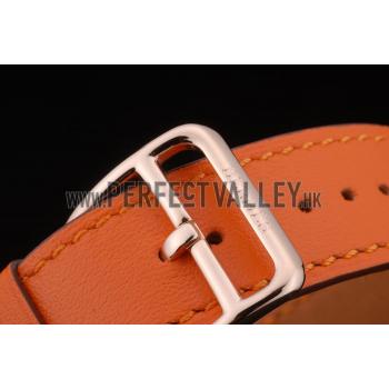 Replica Hermes Heure H Rose Gold Diamond Encrusted Bezel Orange Leather Strap White Dial 80237