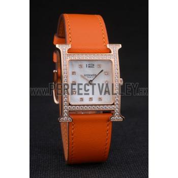 Replica Hermes Heure H Rose Gold Diamond Encrusted Bezel Orange Leather Strap White Dial 80237