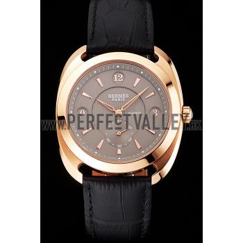 Hermes Dressage Light Brown Dial Rose Gold Case Black Leather Strap