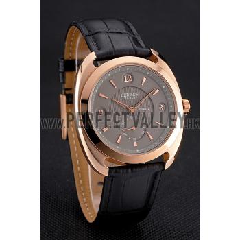 Hermes Dressage Light Brown Dial Rose Gold Case Black Leather Strap