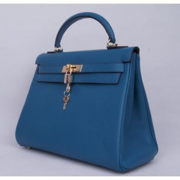 Hermes Kelly H1043 Ladies Cow Leather Blue Handbag